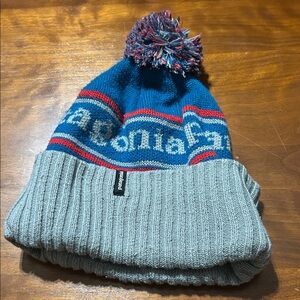 Patagonia mens Blue, Gray & Red Pom-Top Beanie